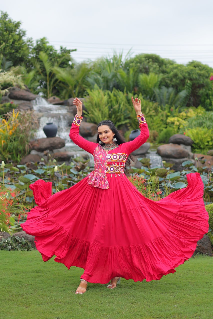 Pink Reyon With Kutchi Gamthi Embroidered Work Navratri Gown