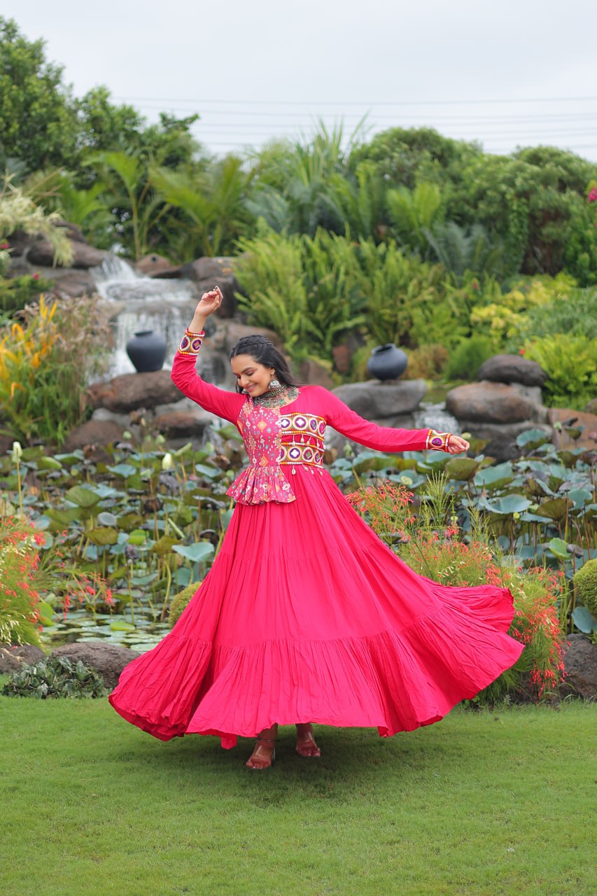 Pink Reyon With Kutchi Gamthi Embroidered Work Navratri Gown
