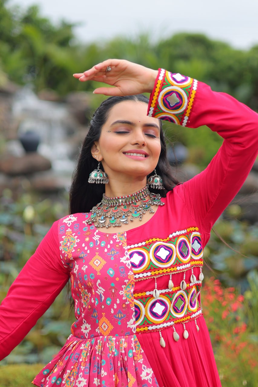 Pink Reyon With Kutchi Gamthi Embroidered Work Navratri Gown