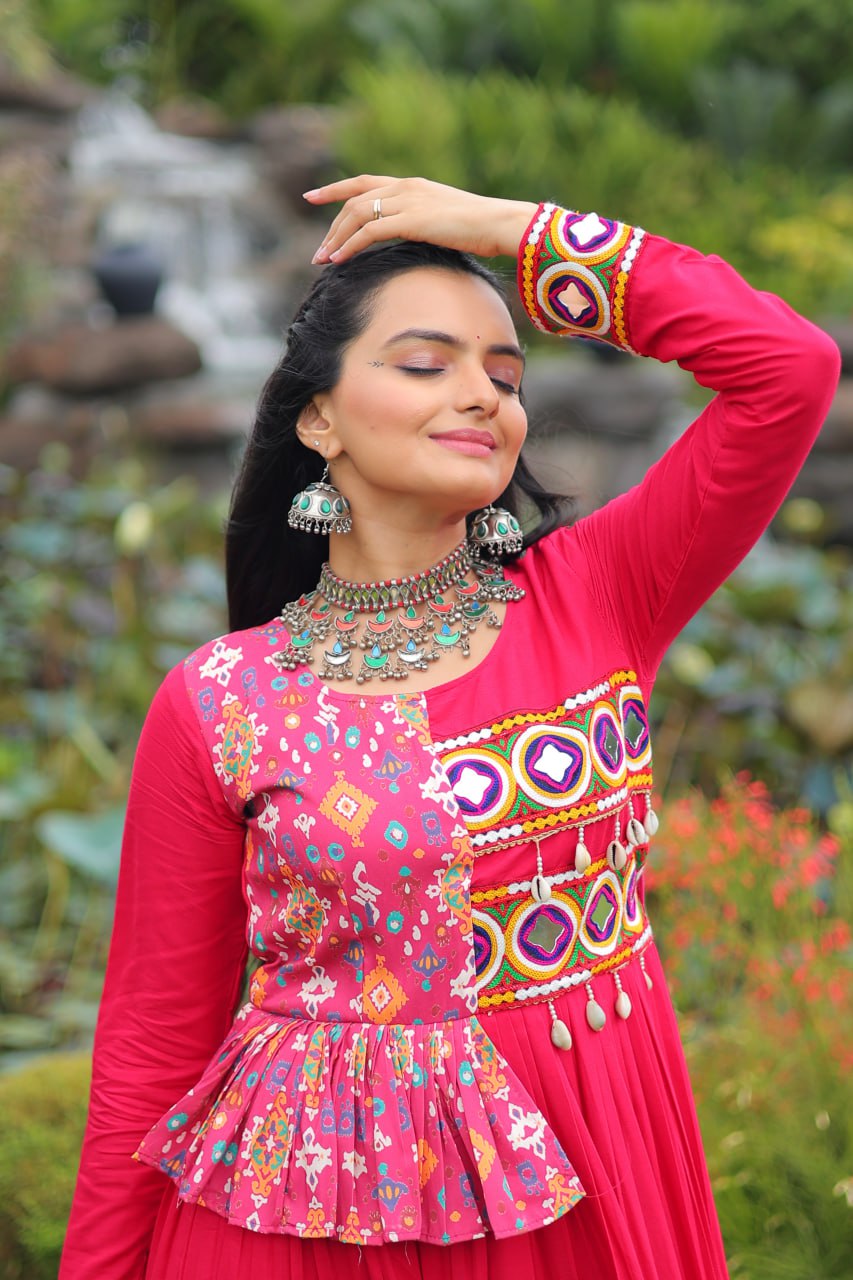 Pink Reyon With Kutchi Gamthi Embroidered Work Navratri Gown