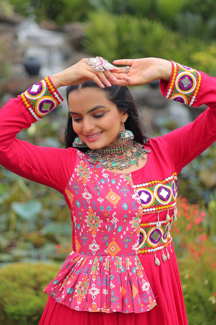 Pink Reyon With Kutchi Gamthi Embroidered Work Navratri Gown
