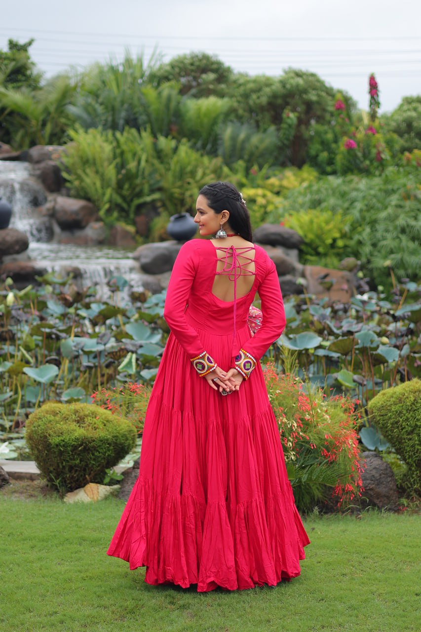 Pink Reyon With Kutchi Gamthi Embroidered Work Navratri Gown