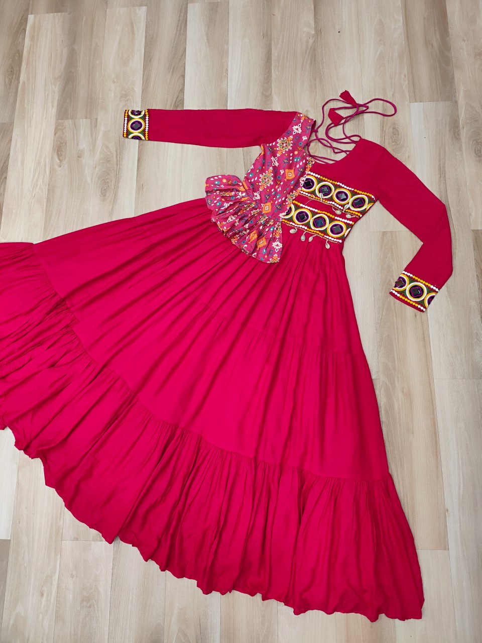 Pink Reyon With Kutchi Gamthi Embroidered Work Navratri Gown