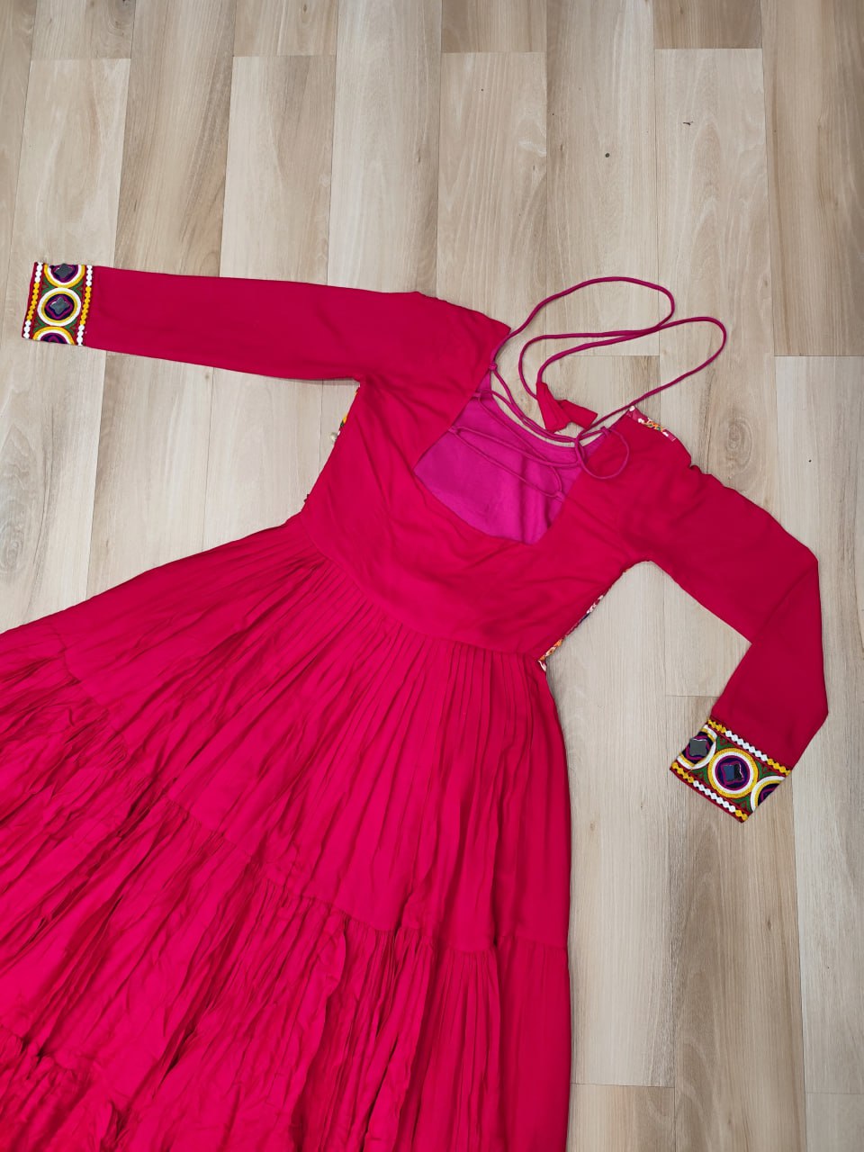 Pink Reyon With Kutchi Gamthi Embroidered Work Navratri Gown
