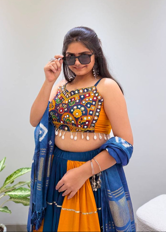 Teal Blue & Yellow Rayon Embroidery And Real Mirror Work Navratri Lehenga Choli