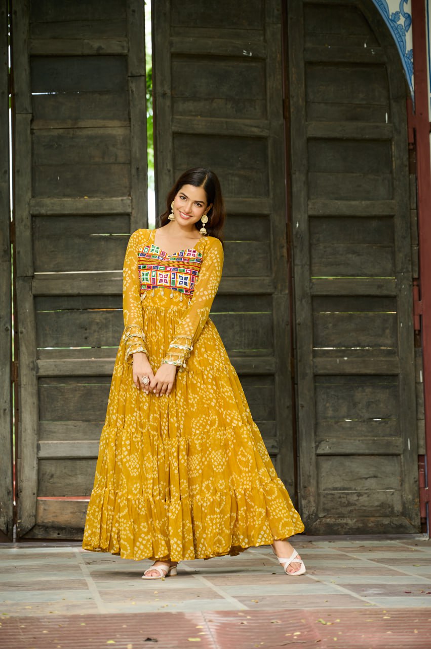 Yellow Bandhani Print Work With Kutchi Patchework Navratri Gown