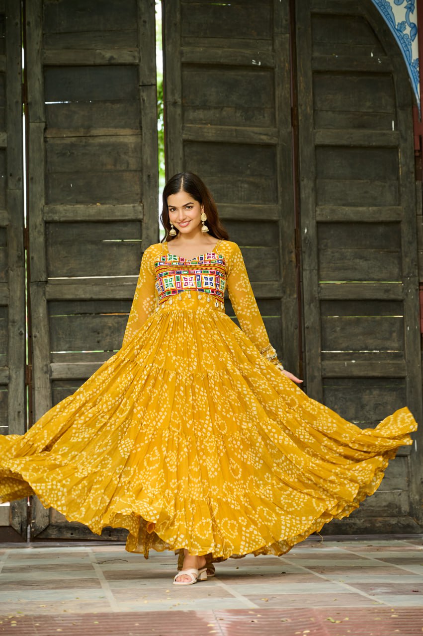 Yellow Bandhani Print Work With Kutchi Patchework Navratri Gown