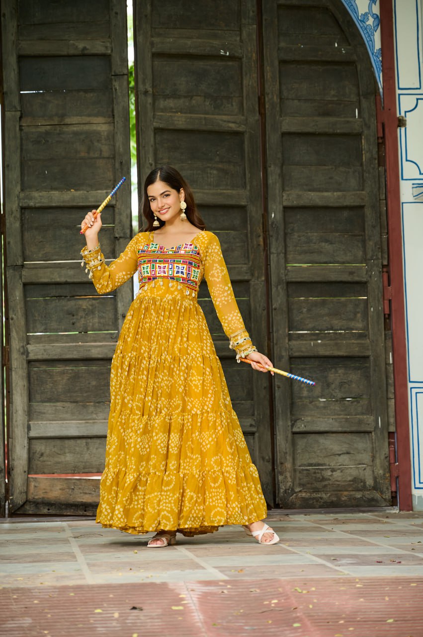 Yellow Bandhani Print Work With Kutchi Patchework Navratri Gown