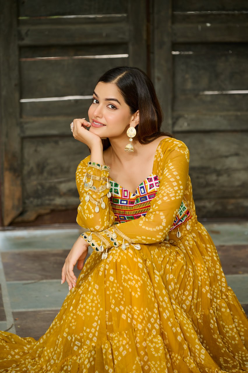Yellow Bandhani Print Work With Kutchi Patchework Navratri Gown