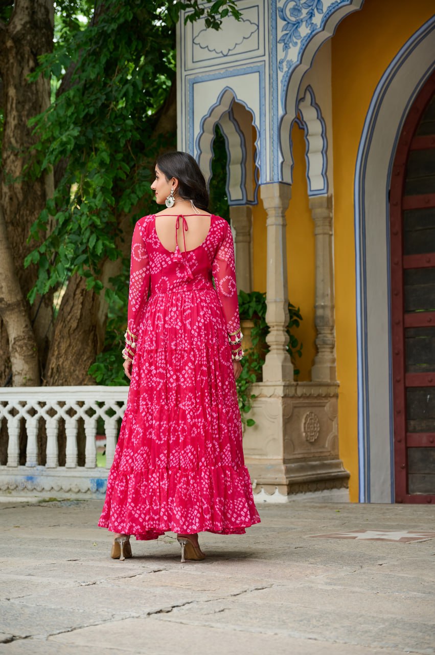 Pink Bandhani Print Work With Kutchi Patchework Navratri Gown