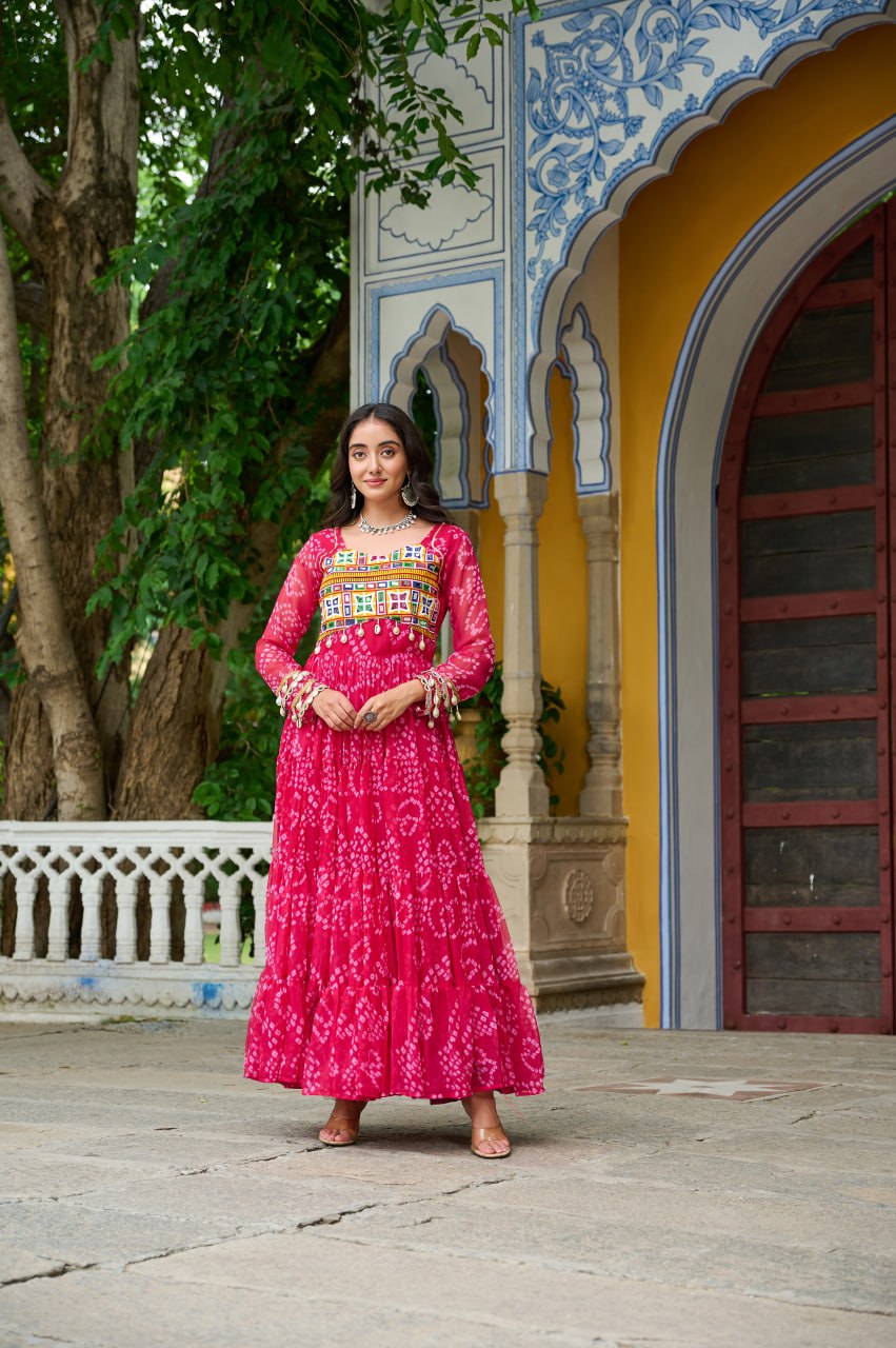 Pink Bandhani Print Work With Kutchi Patchework Navratri Gown