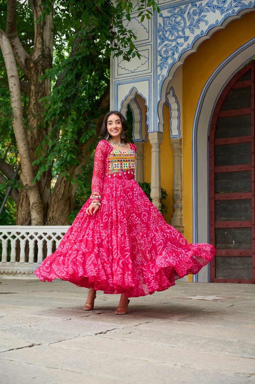 Pink Bandhani Print Work With Kutchi Patchework Navratri Gown