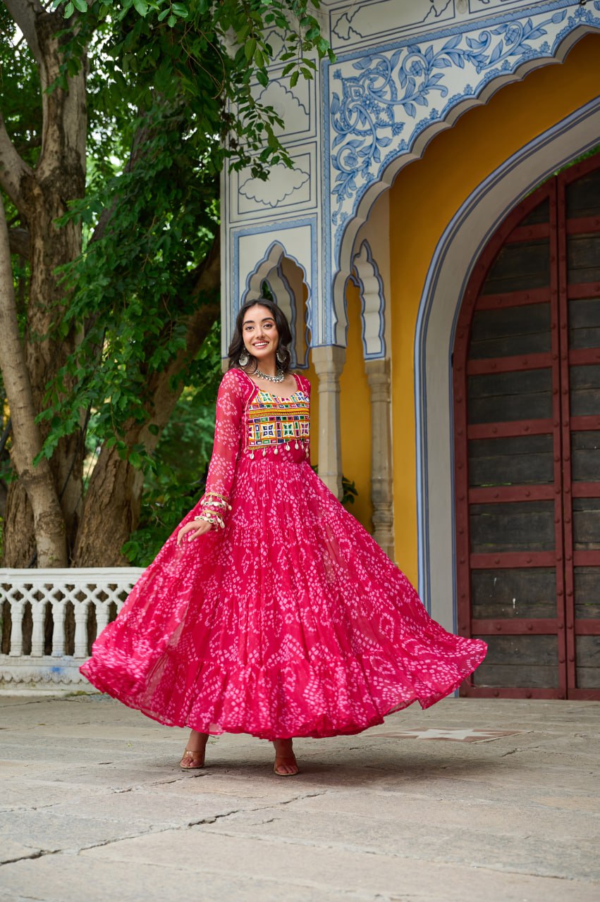 Pink Bandhani Print Work With Kutchi Patchework Navratri Gown