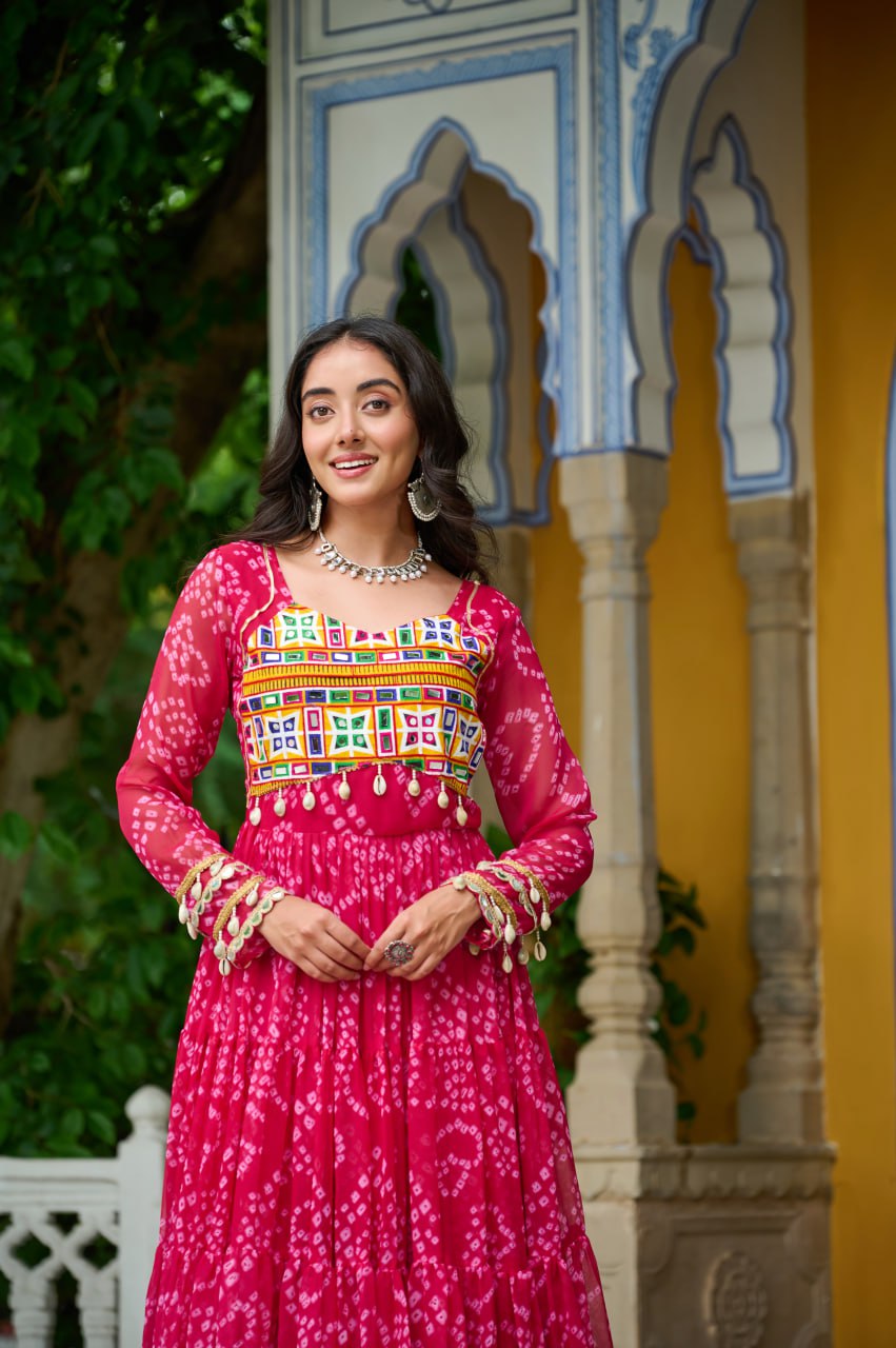 Pink Bandhani Print Work With Kutchi Patchework Navratri Gown