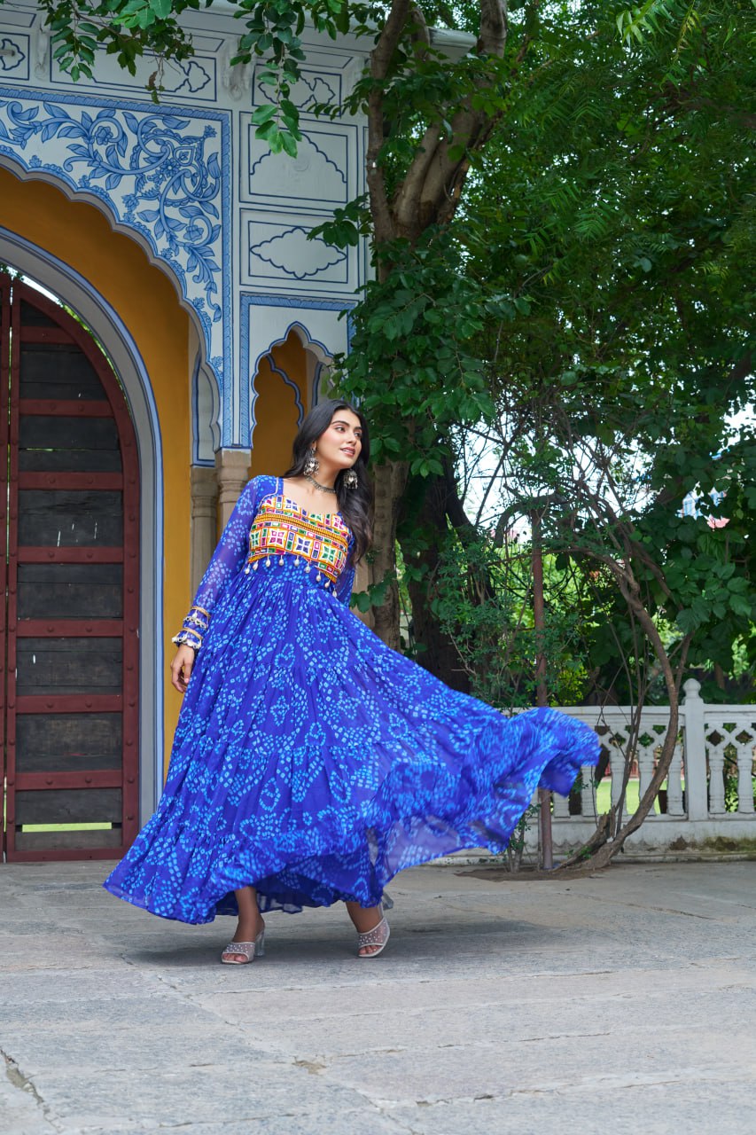 Blue Bandhani Print Work With Kutchi Patchework Navratri Gown