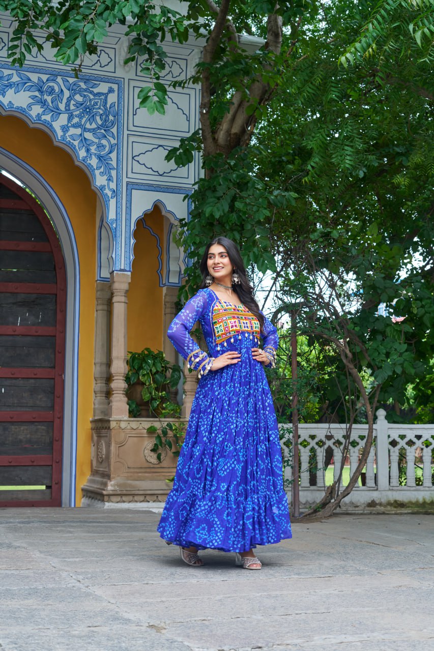 Blue Bandhani Print Work With Kutchi Patchework Navratri Gown