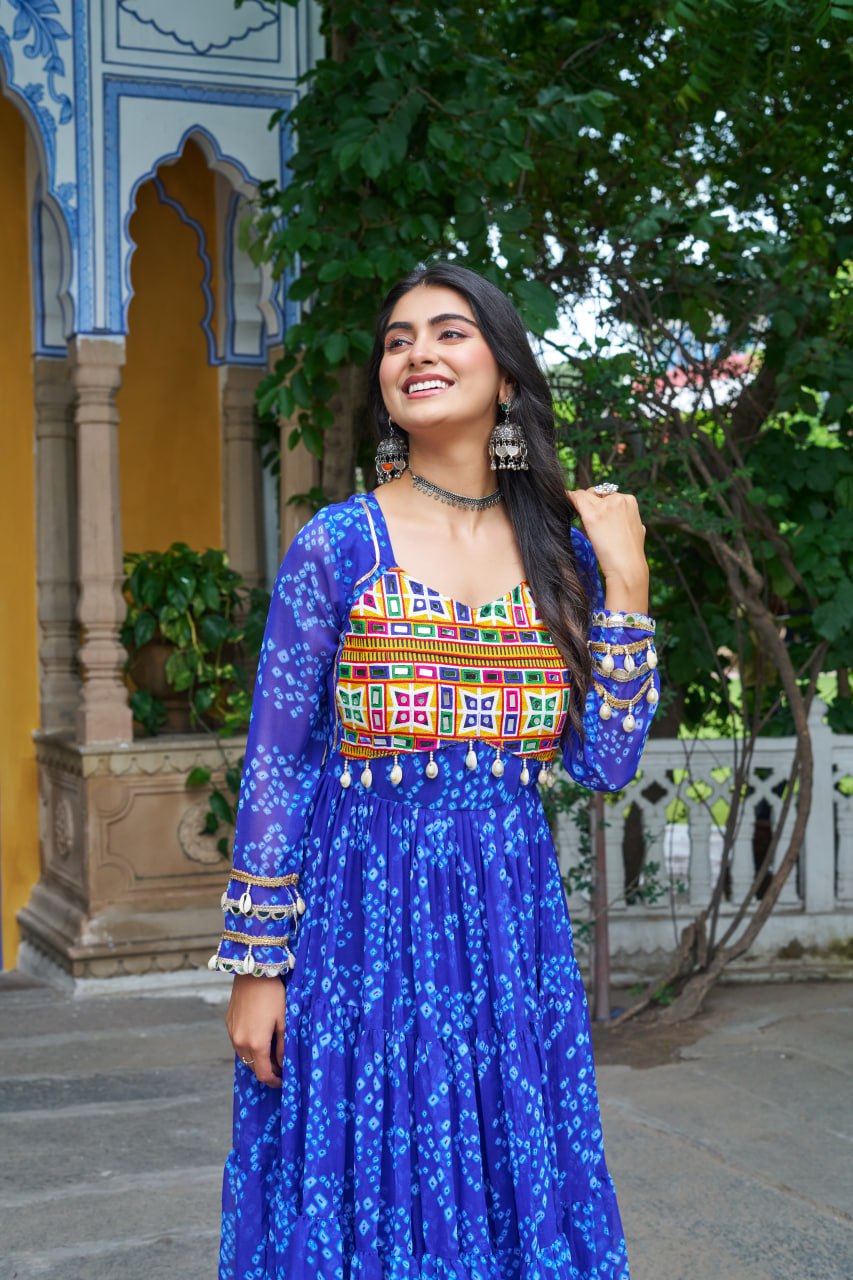 Blue Bandhani Print Work With Kutchi Patchework Navratri Gown