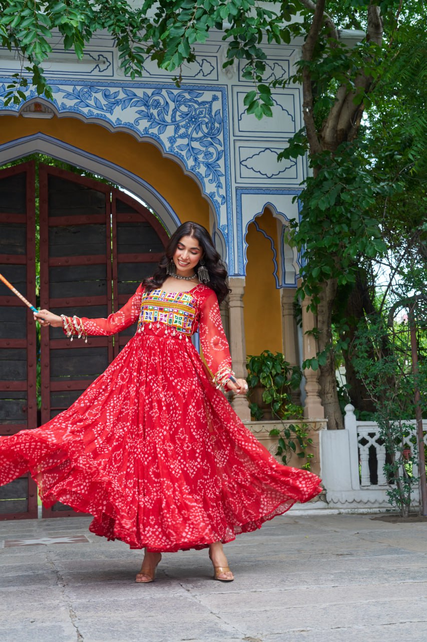 Red Bandhani Print Work With Kutchi Patchework Navratri Gown
