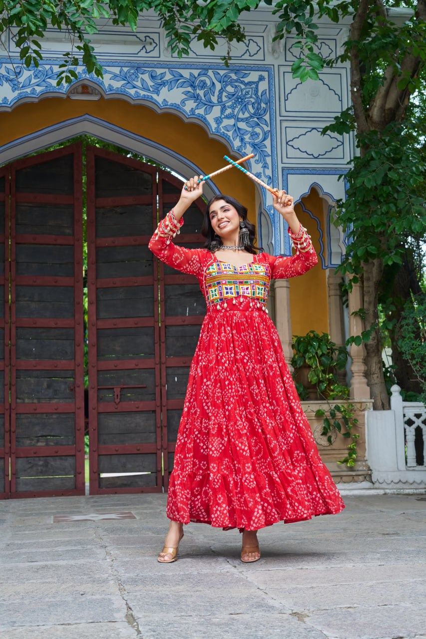 Red Bandhani Print Work With Kutchi Patchework Navratri Gown