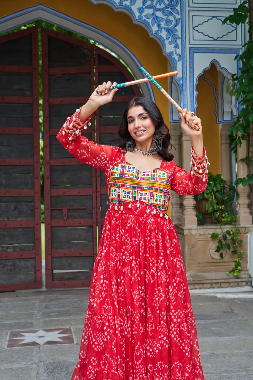 Red Bandhani Print Work With Kutchi Patchework Navratri Gown