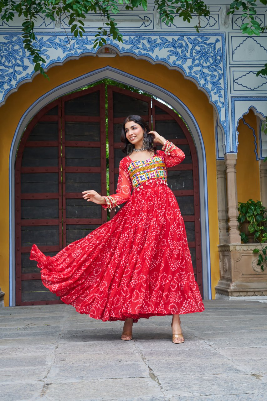 Red Bandhani Print Work With Kutchi Patchework Navratri Gown