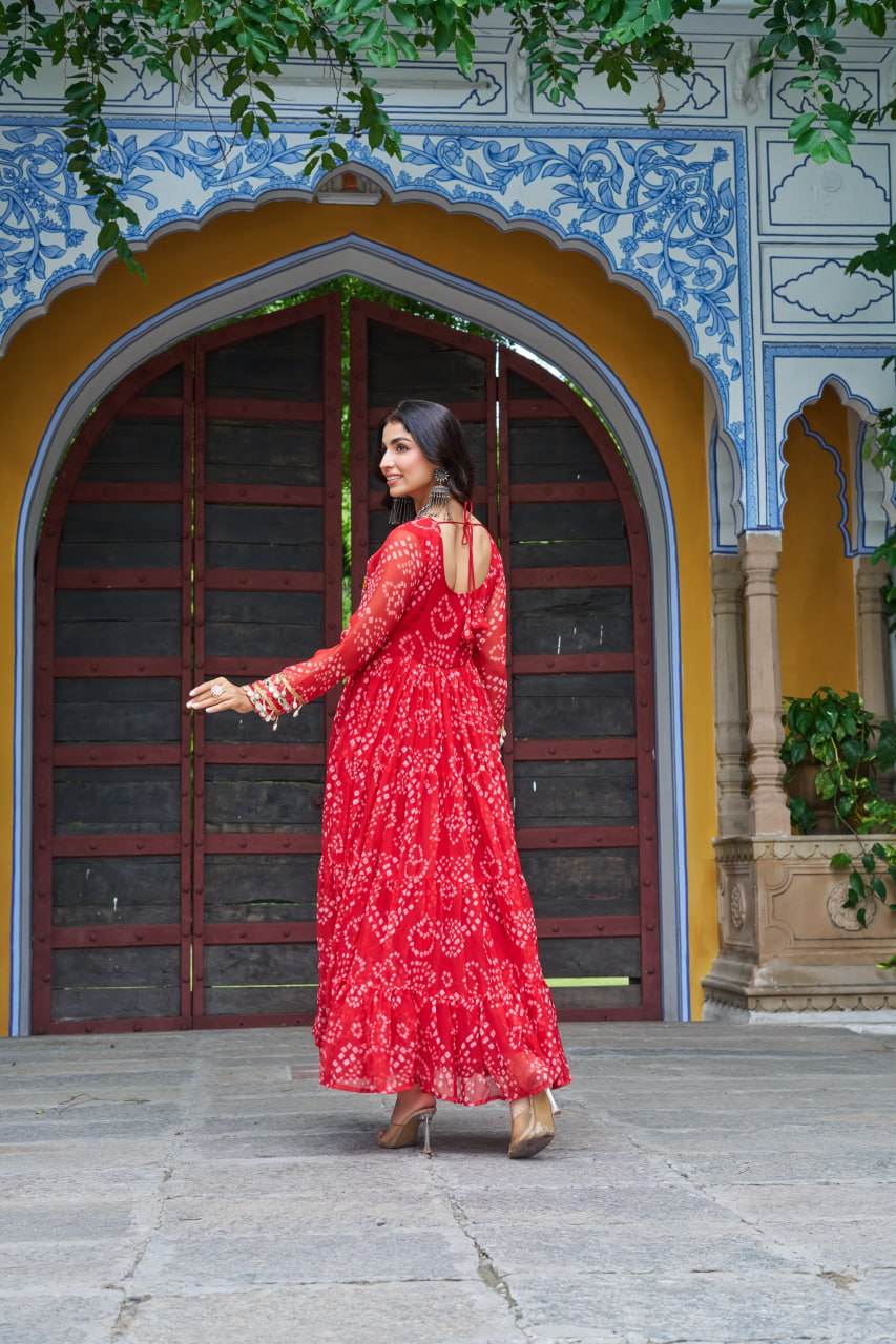 Red Bandhani Print Work With Kutchi Patchework Navratri Gown