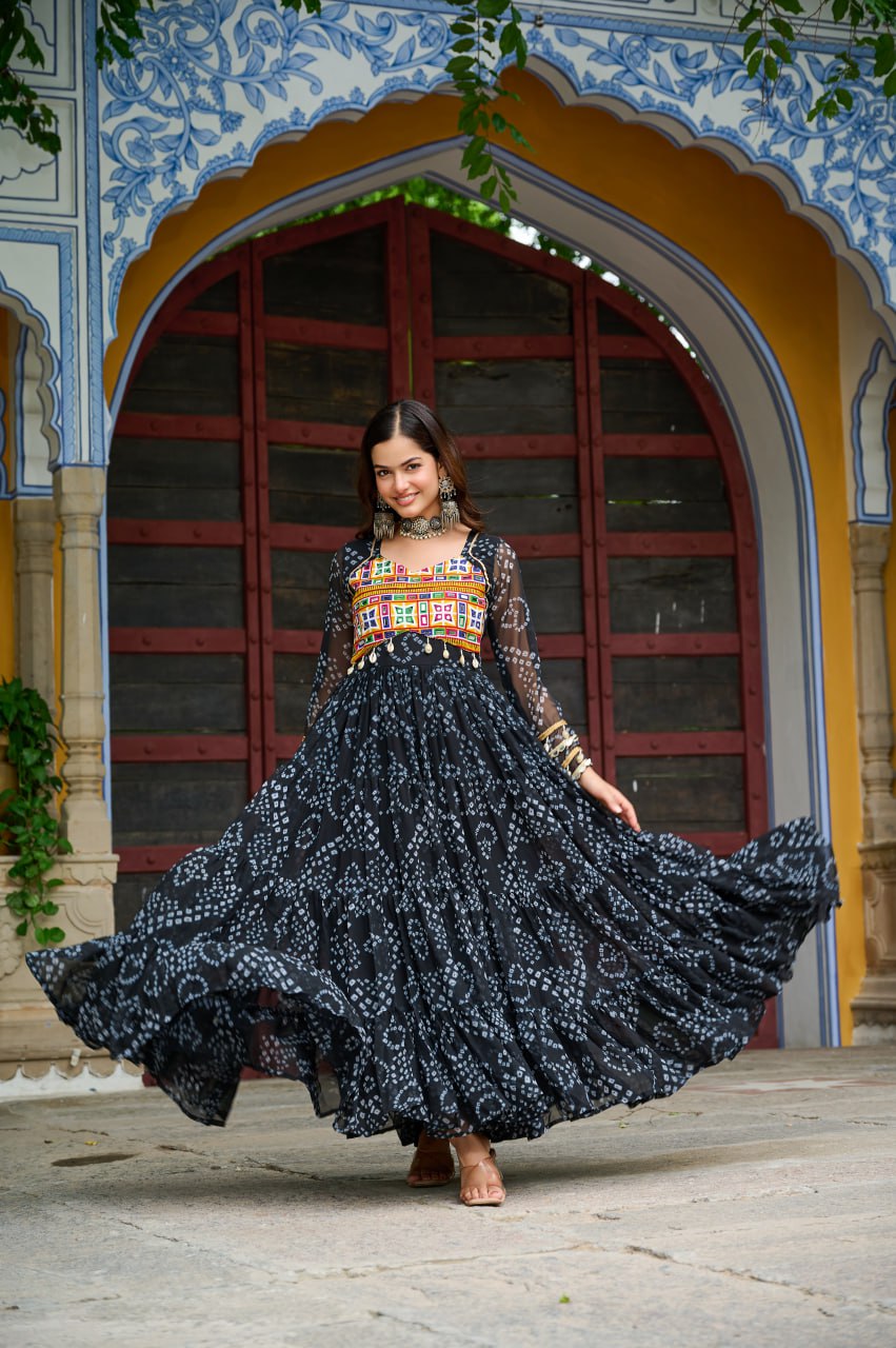 Black Bandhani Print Work With Kutchi Patchework Navratri Gown