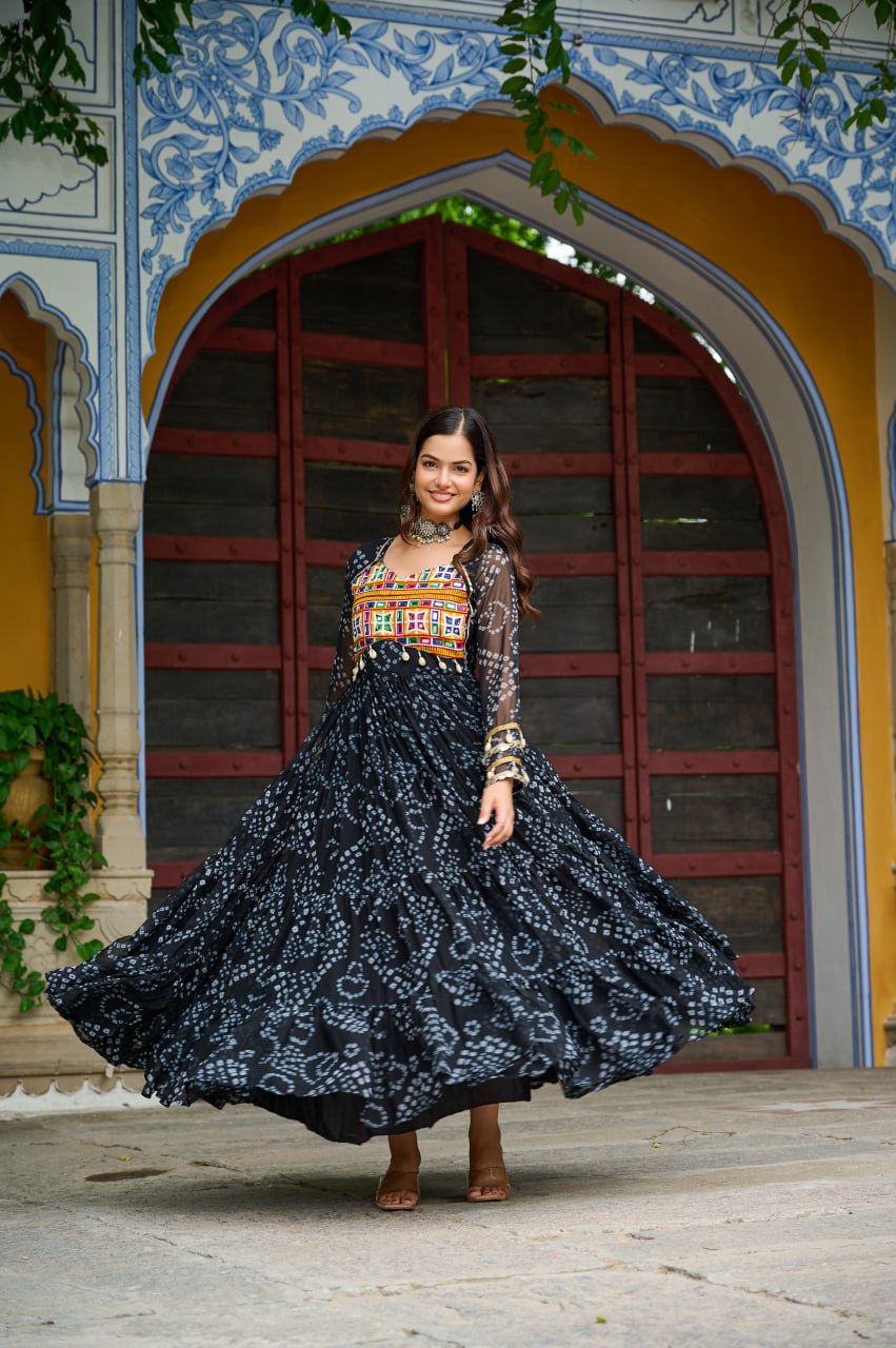 Black Bandhani Print Work With Kutchi Patchework Navratri Gown