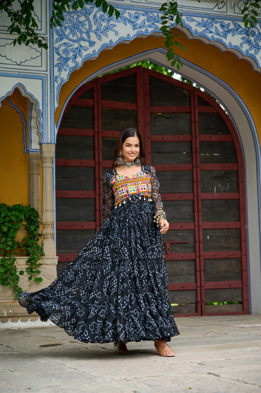 Black Bandhani Print Work With Kutchi Patchework Navratri Gown