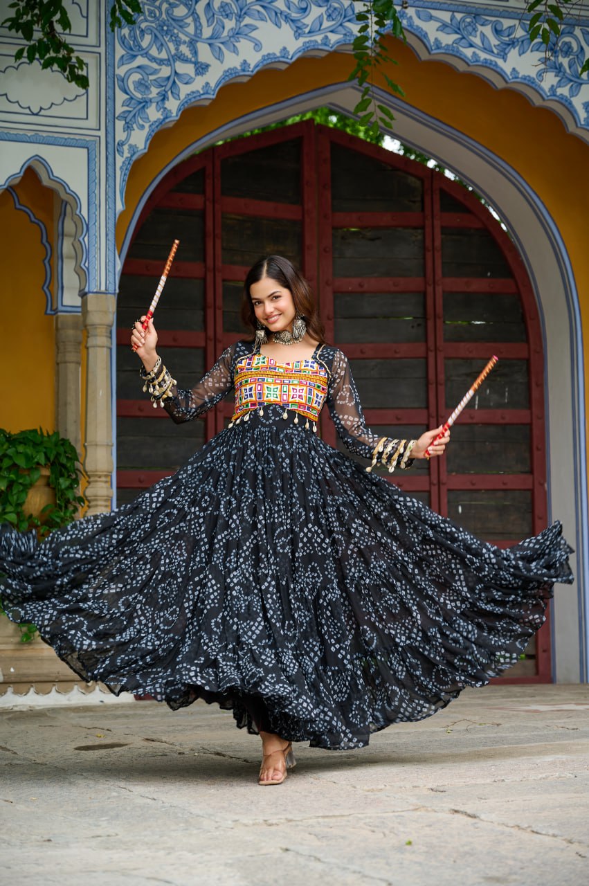 Black Bandhani Print Work With Kutchi Patchework Navratri Gown