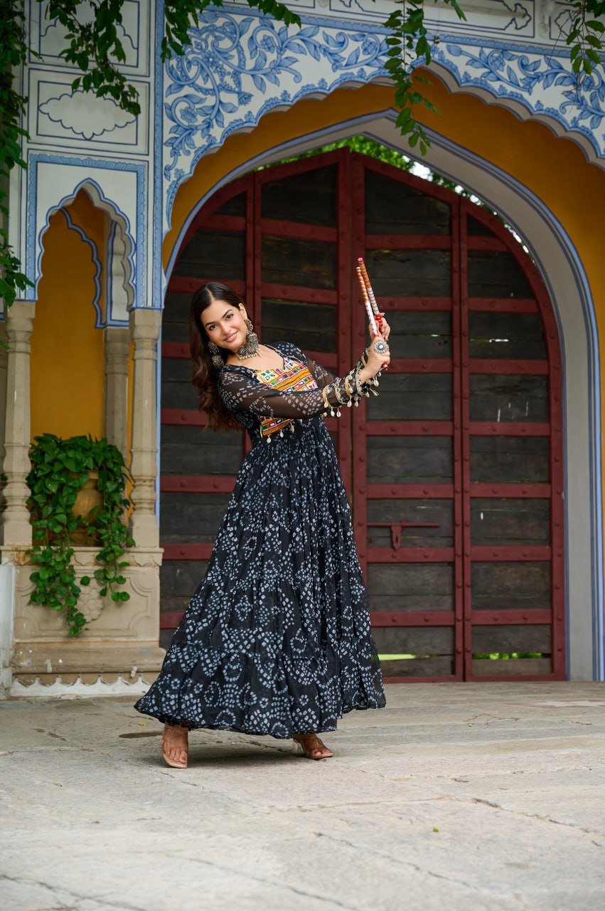 Black Bandhani Print Work With Kutchi Patchework Navratri Gown