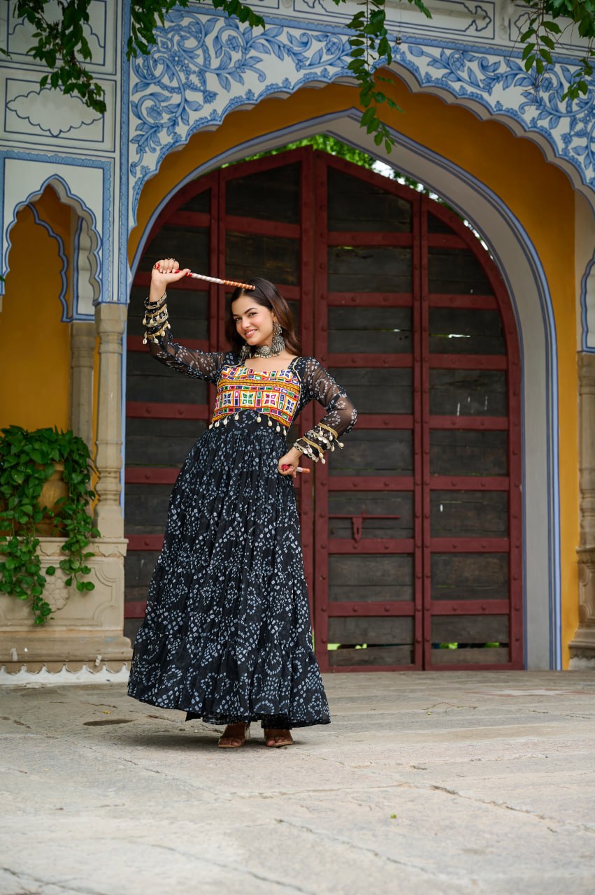 Black Bandhani Print Work With Kutchi Patchework Navratri Gown