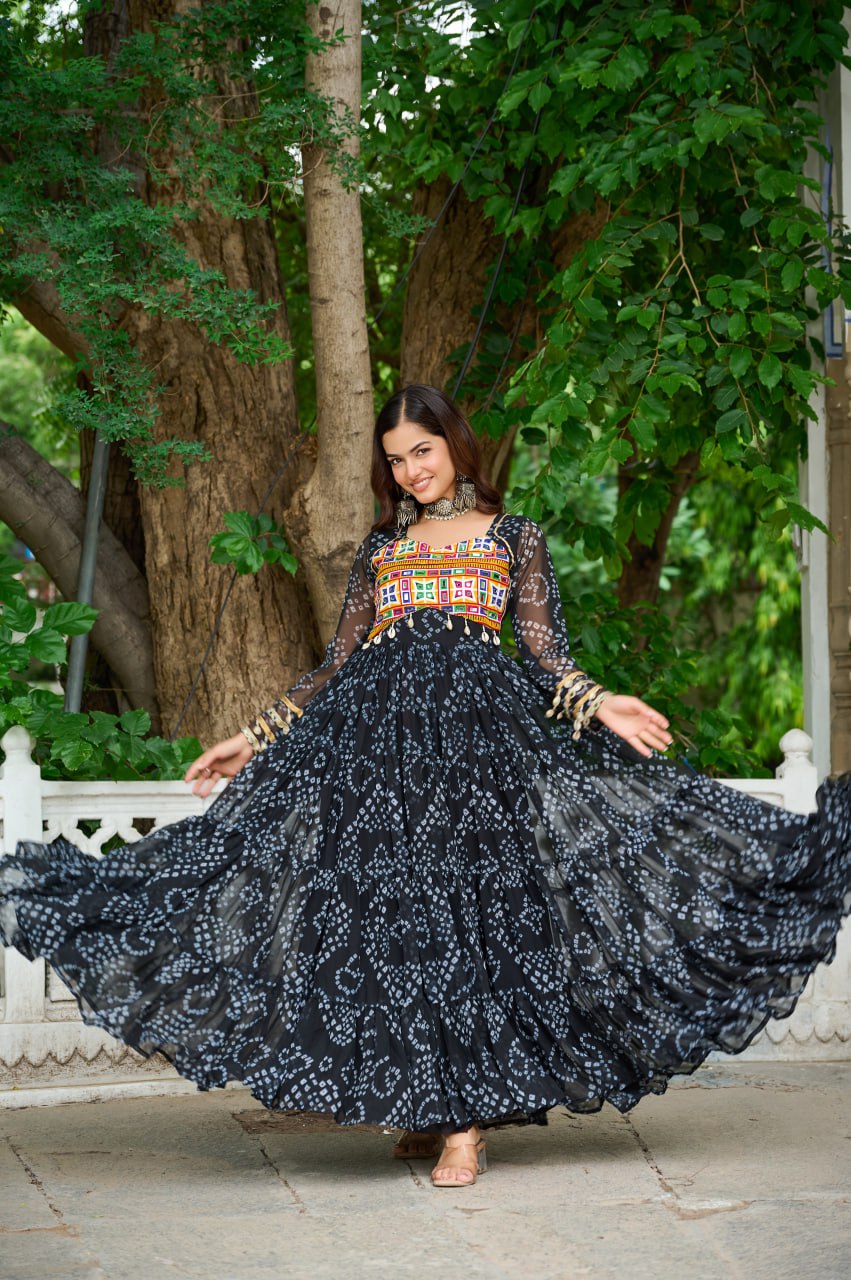 Black Bandhani Print Work With Kutchi Patchework Navratri Gown