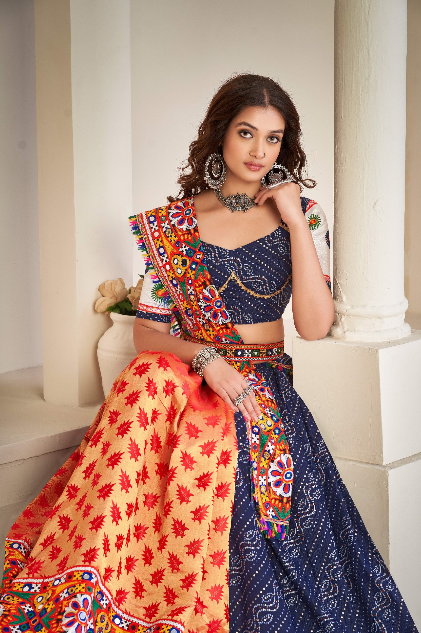 Navy Blue Cotton Silk Navratri Lehenga Choli with Bandhani Print & Mirror Work
