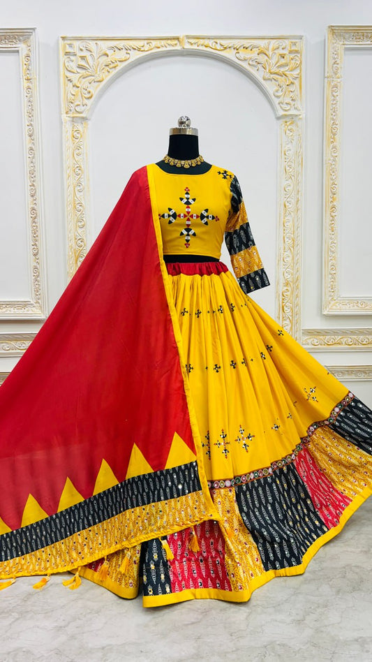 Musterd Digital Print Real Mirror Work Navaratri Lehenga Choli