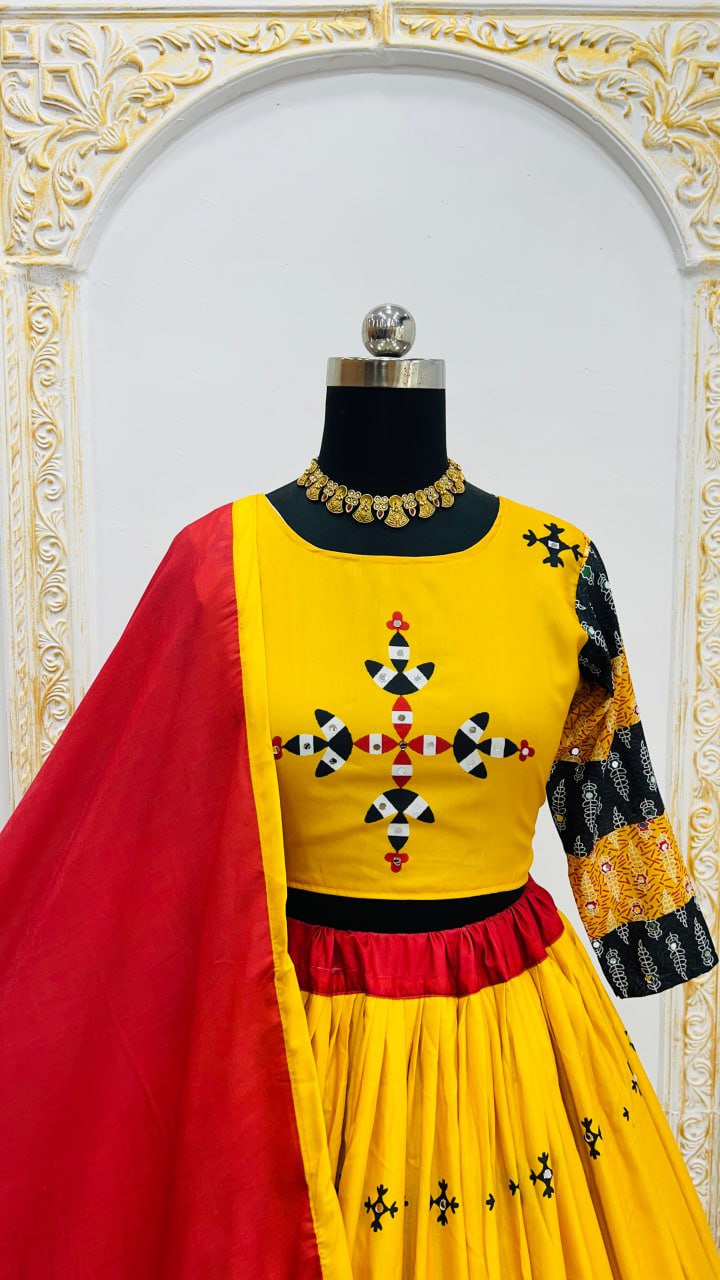 Musterd Digital Print Real Mirror Work Navaratri Lehenga Choli