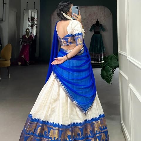 Off-White & Royal Blue Poly Cotton Checks With Zari Weaving Elephant Border Half Saree Langa Voni Set