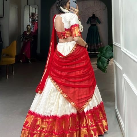 Off-White & Red Poly Cotton Checks With Zari Weaving Elephant Border Half Saree Langa Voni Set