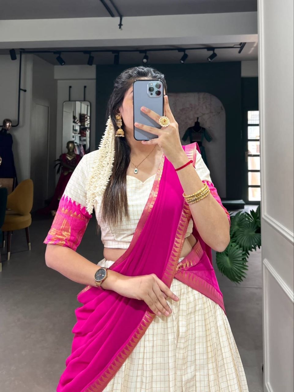 Off-White & Pink Poly Cotton Checks With Zari Weaving Elephant Border Half Saree Langa Voni Set