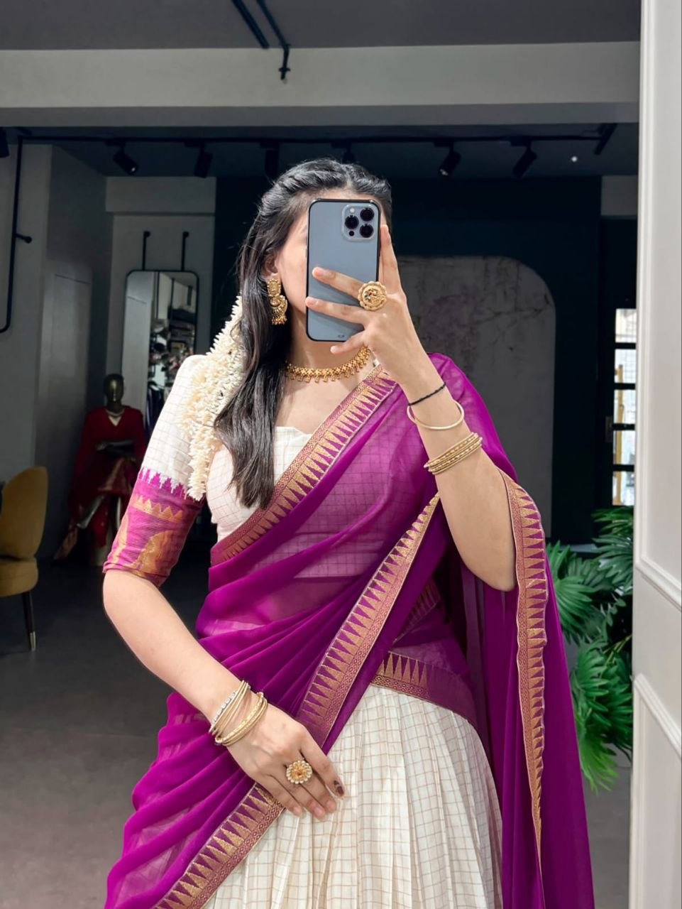 Off-White & Purple Poly Cotton Checks With Zari Weaving Elephant Border Half Saree Langa Voni Set