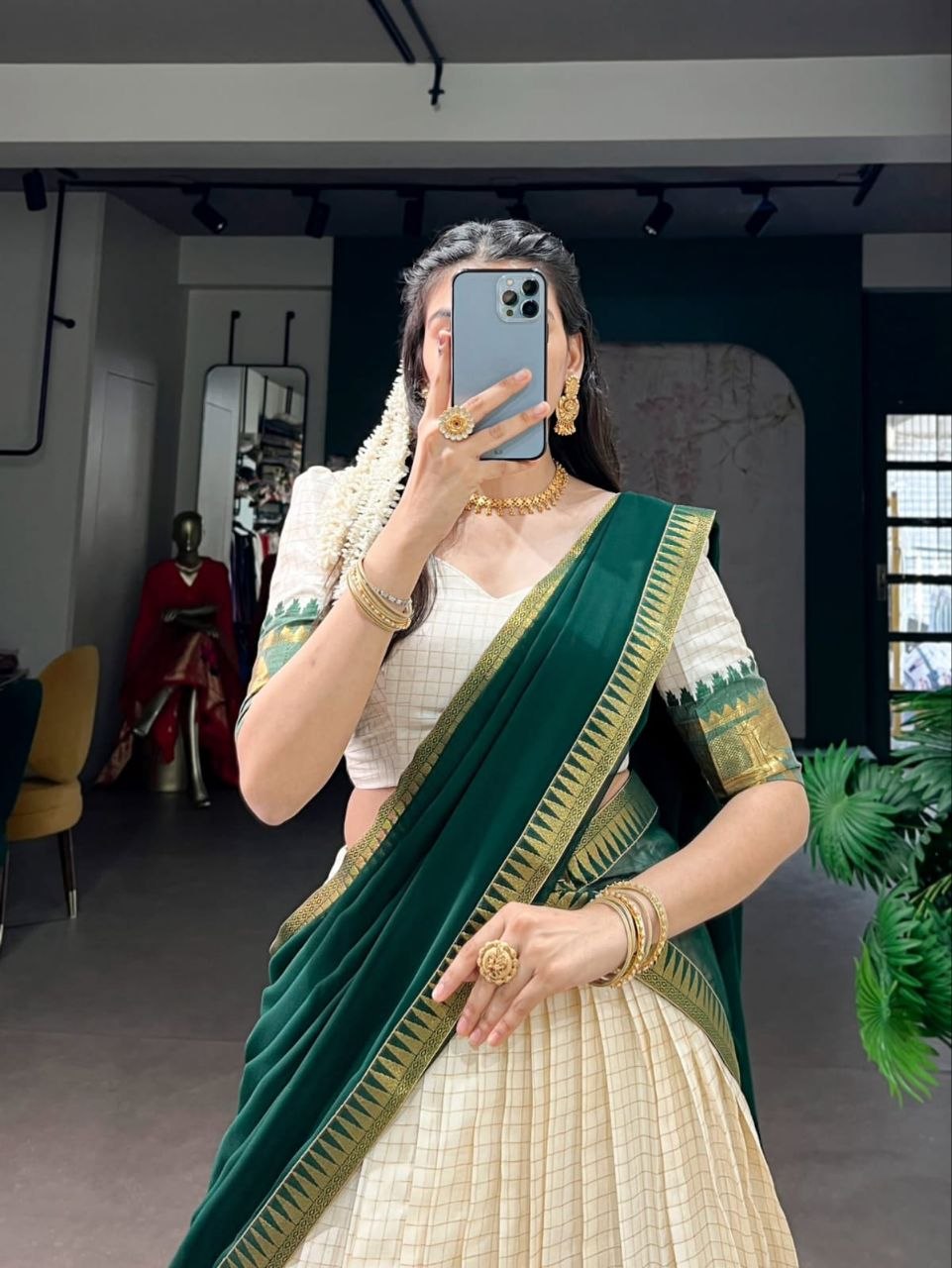 Off-White & Bottle Green Poly Cotton Checks With Zari Weaving Elephant Border Half Saree Langa Voni Set