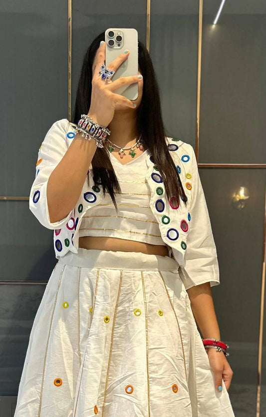 White Pure Cotton Real Mirror With Jari Striped Work Navratri Lehenga Choli