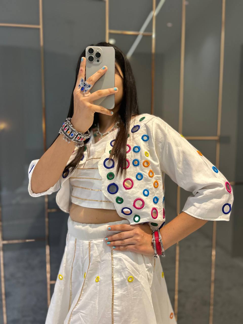 White Pure Cotton Real Mirror With Jari Striped Work Navratri Lehenga Choli