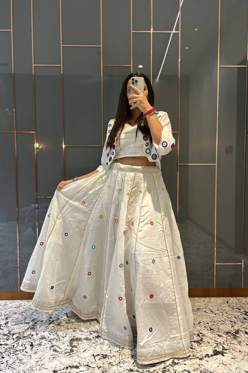 White Pure Cotton Real Mirror With Jari Striped Work Navratri Lehenga Choli