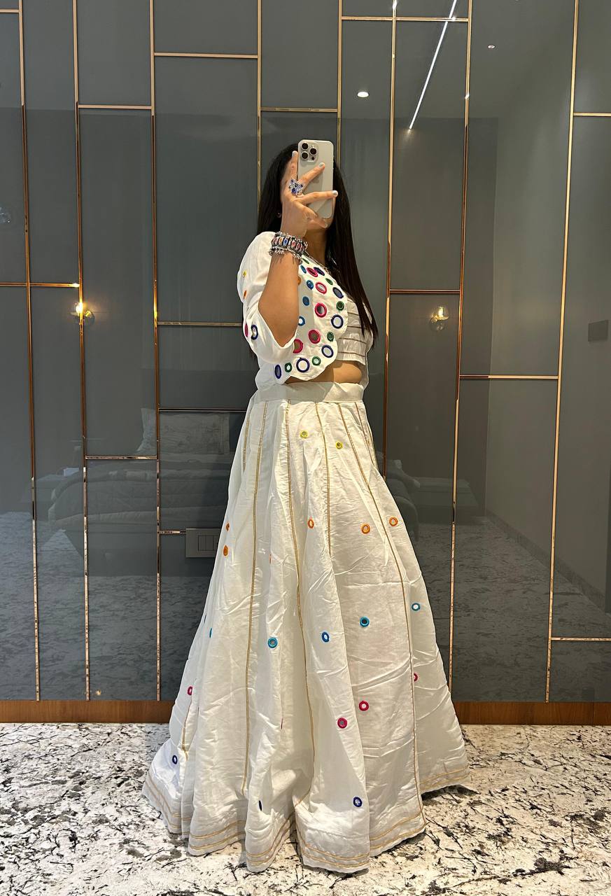White Pure Cotton Real Mirror With Jari Striped Work Navratri Lehenga Choli