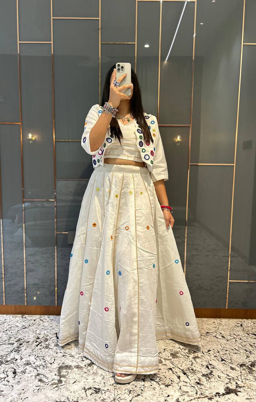White Pure Cotton Real Mirror With Jari Striped Work Navratri Lehenga Choli
