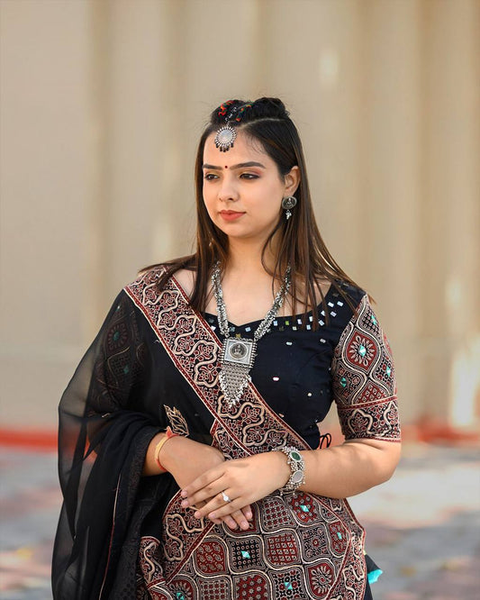 Black Exclusive Printed Real Mirror Work Navaratri Lehenga Choli