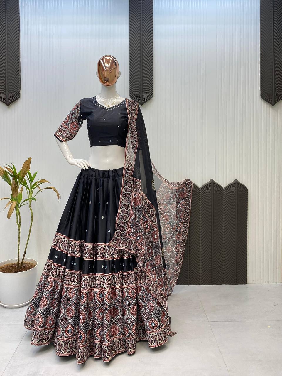 Black Exclusive Printed Real Mirror Work Navaratri Lehenga Choli