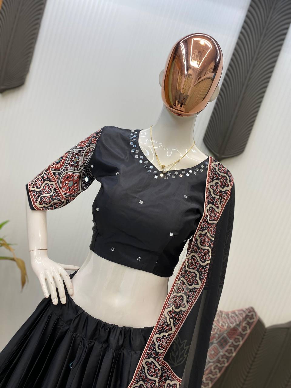 Black Exclusive Printed Real Mirror Work Navaratri Lehenga Choli