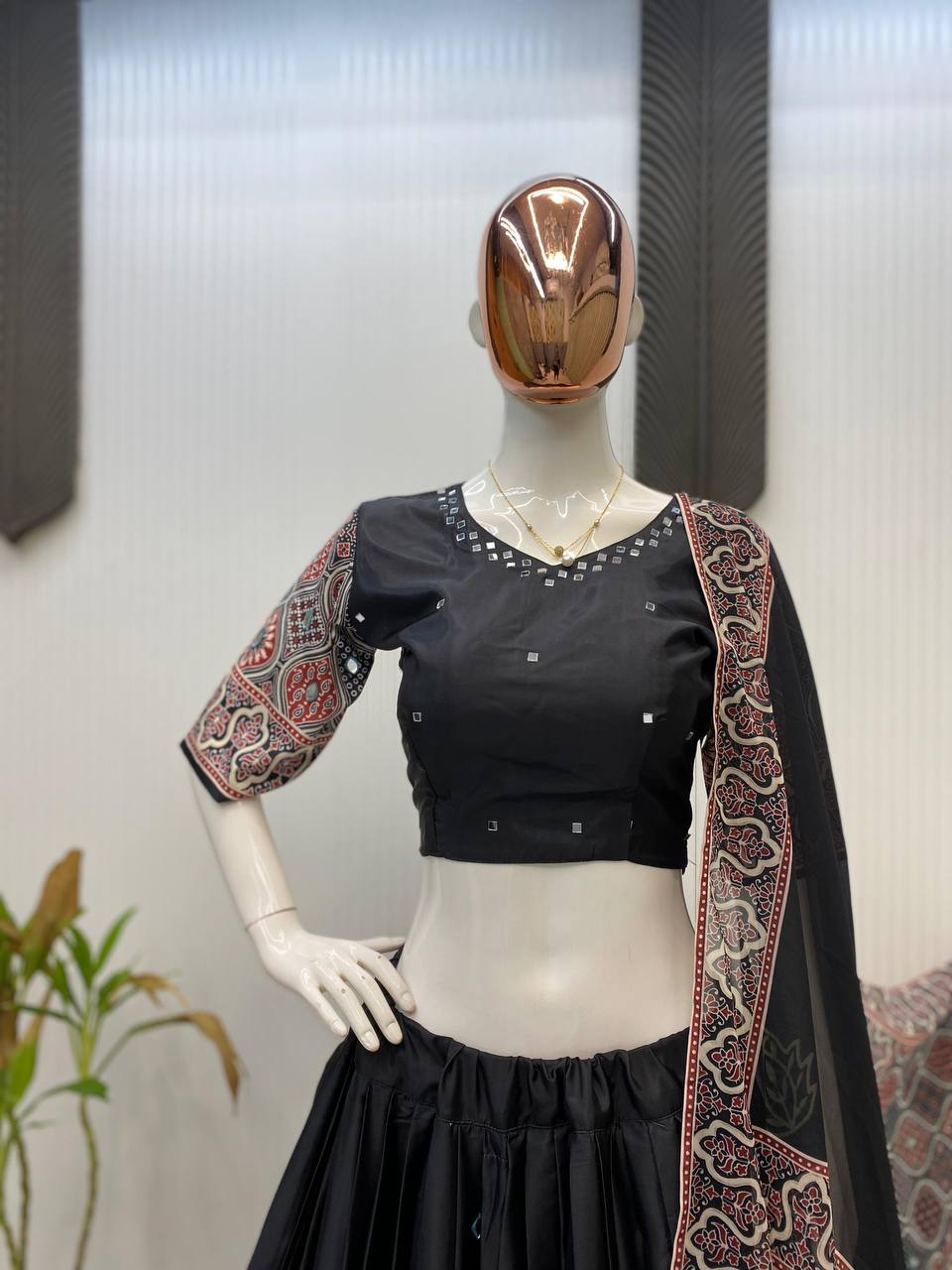 Black Exclusive Printed Real Mirror Work Navaratri Lehenga Choli